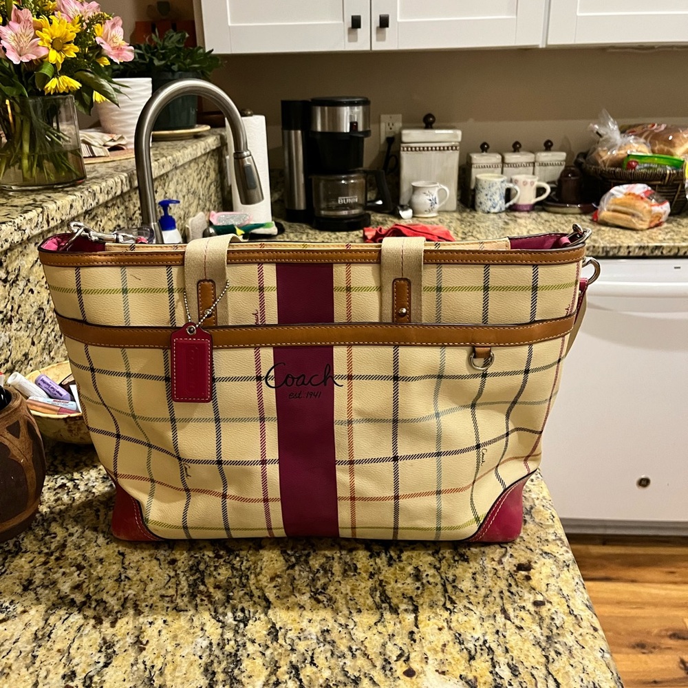 Coach Beige Plaid Canvas Laptop Tote with Pink Accent